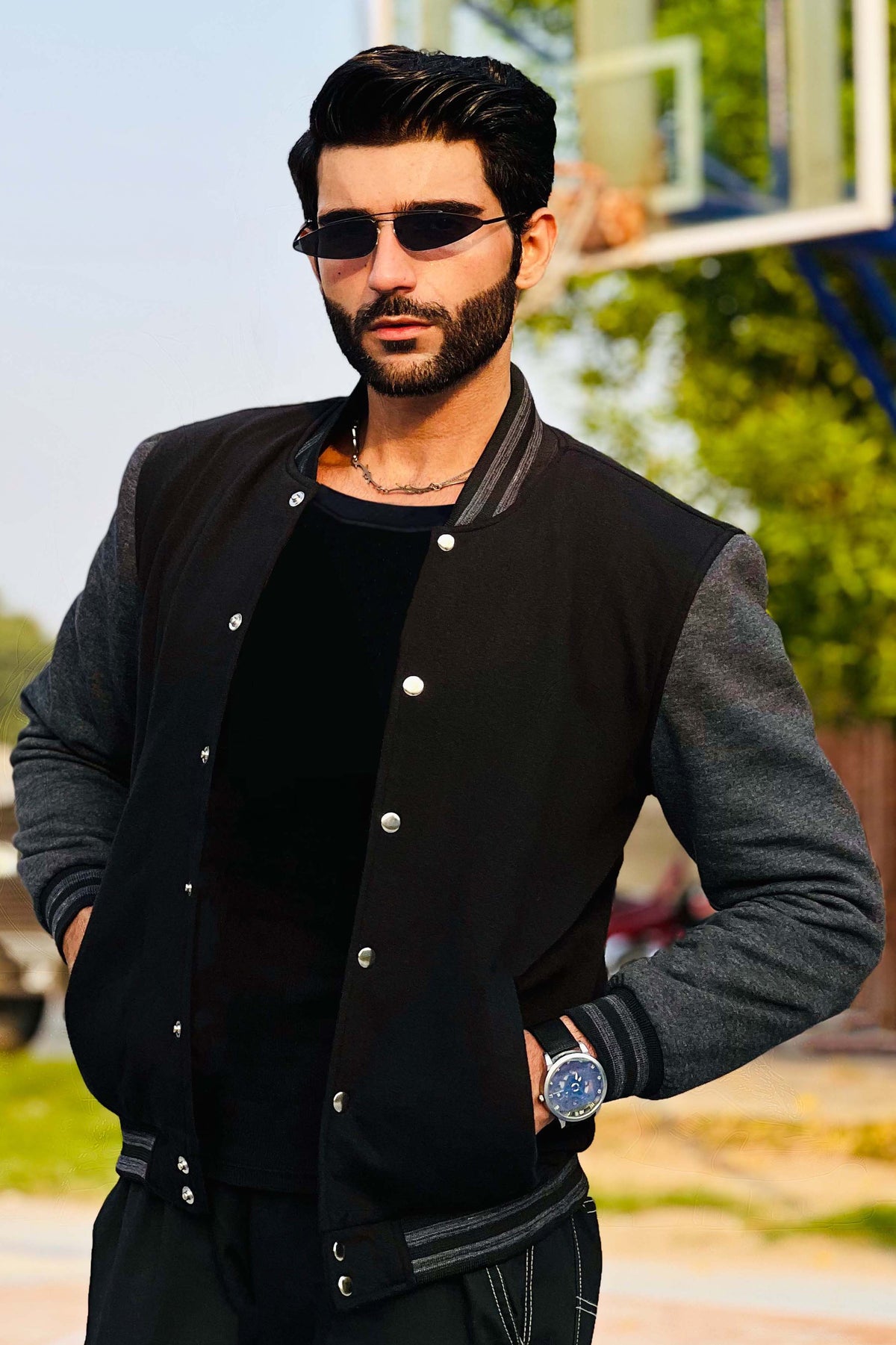 Premium Black & Charcoal Varsity Jacket for Men